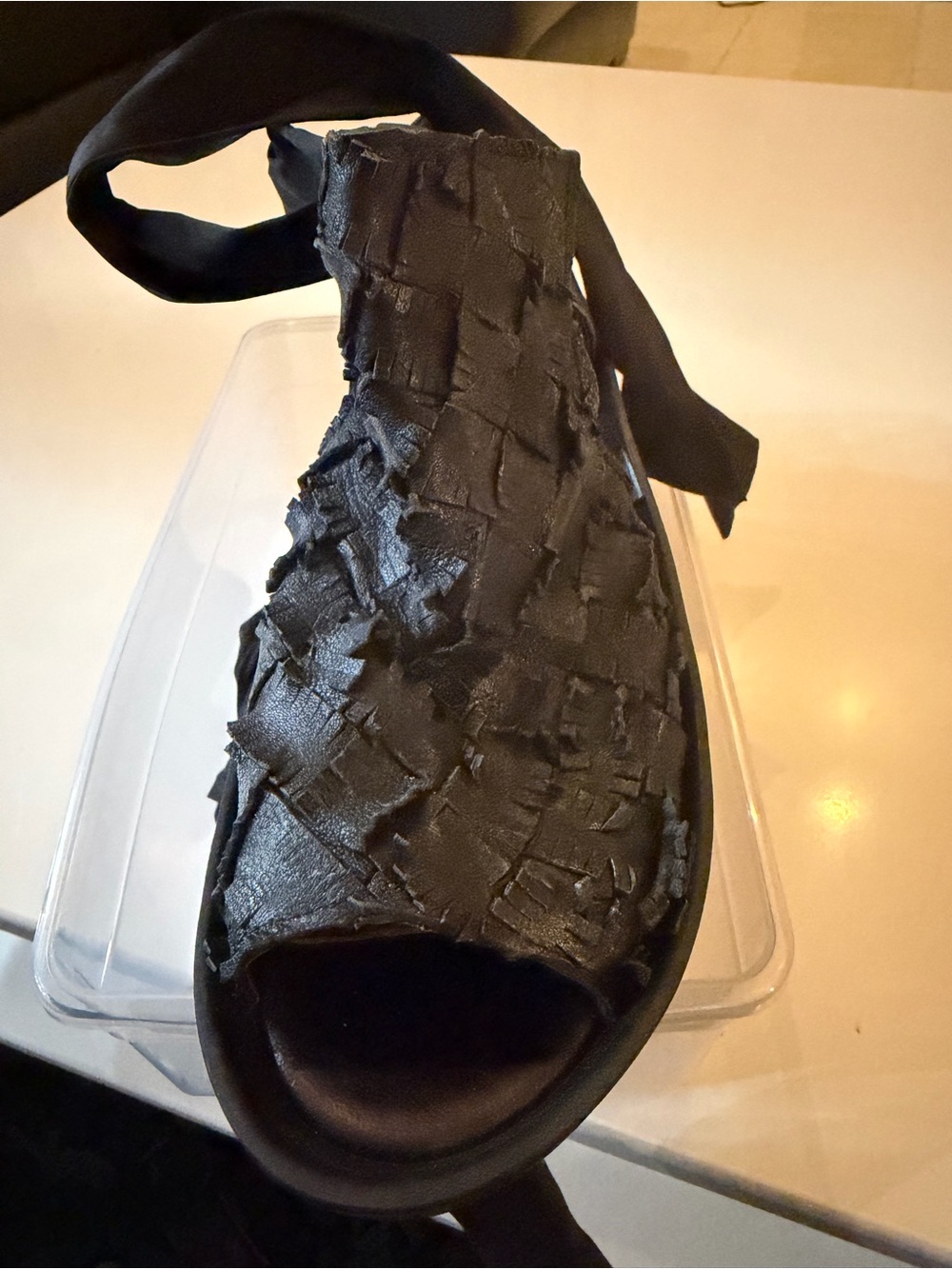Textured Black Open-Toe Mule with Ankle Tie